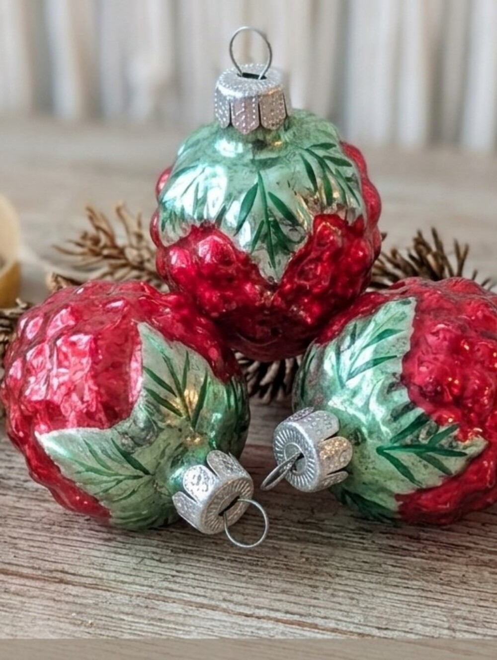 Vintage Mercury Glass Raspberry Fruit Ornaments Set of 3